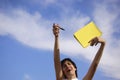 Funny girl with a yellow noteb Royalty Free Stock Photo