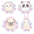 Funny girlish seamless pattern with cute kitty, dog, rabbit, faces.