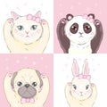 Funny girlish seamless pattern with cute kitty, dog, rabbit, faces.