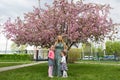 Funny girls walking on the lawn with her mother. Sisters play together with mom. maternal care. happy family