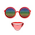 Funny glasses with hypnotic spirals and mouth with tongue sticking out Royalty Free Stock Photo