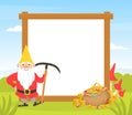 Funny Gnome with Blank Banner, Fairy Dwarf with Pickaxe and Gemstones, Background, Card, Advertising Poster Cartoon