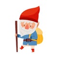 Funny Gnome Character with White Beard and Red Pointed Hat Walking with Backpack and Stick Vector Illustration