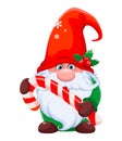 Funny gnome holding big candy cane