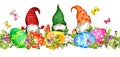 Funny gnomes, Easter eggs, colorful flowers, green grass. Floral seamless border. Watercolor repeated frame for holiday