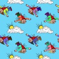 Funny gnomes in red hat flying on small wings, blue sky and cloud with sun, hand drawn colorful doodle sketch Royalty Free Stock Photo