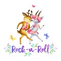 Funny goat and deer dancing rock-n-roll.