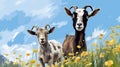 Funny goats standing among blooming dandelions against a dark blue sky. Mom and baby. generative ai