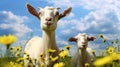 Funny goats standing among blooming dandelions against a dark blue sky. Mom and baby. generative ai