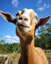 Funny goats standing among blooming dandelions against dark blue sky. Mom and baby. Looking to camera Royalty Free Stock Photo