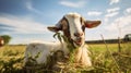 Funny goats standing among blooming dandelions against dark blue sky. Mom and baby. Looking to camera Royalty Free Stock Photo