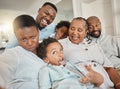 Funny, goofy and selfie of black family make joke with faces in a home or house while on vacation or holiday. Social