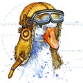 Funny goose aviator hat watercolor. fashion print Royalty Free Stock Photo