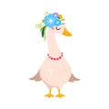 Funny Goose Character with Flower Adornment on Head Vector Illustration