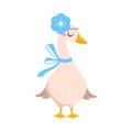 Funny Goose Character Stand with Flower on Head and Ribbon Bow on Neck Vector Illustration