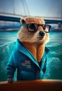 Funny gopher in a jacket and sunglasses traveling on a yacht. AI Generated