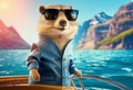 Funny gopher in a jacket and sunglasses traveling on a yacht. AI Generated