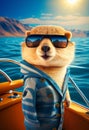 Funny gopher in a jacket and sunglasses traveling on a yacht. AI Generated