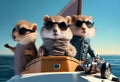 Funny gophers in jackets and sunglasses travels on a yacht. AI Generated