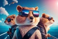 Funny gophers in jackets and sunglasses travels on a yacht. AI Generated