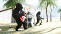 Funny gorillas and monkeys play on guitar and drums. Rock party on sunny seaside. 3d rendering.