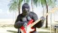 Funny gorillas and monkeys play on guitar and drums. Rock party on sunny seaside. 3d rendering.
