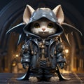 Funny Gothic Cat With Helmet: Playful 3d Cartoon Character Design