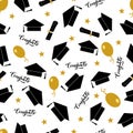 Funny graduation seamless pattern. Caps thrown up. Grad ceremony backdrop. Vector template for fabric, textile