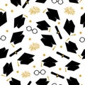 Funny graduation seamless pattern. Throwing caps and fireworks. Grad ceremony backdrop. Vector template for fabric