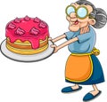 Funny Grandma Cartoon Character With Homemade Cake