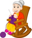 Funny grandmother cartoon knitting in a rocking chair