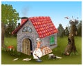 Funny grandmother in a nightgown and bonnet cuts firewood near her forest house. Fairytale book illustration