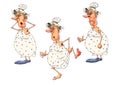 Funny grandmother in a nightgown and a cap in various poses. Caricature illustration