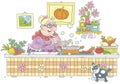 Funny granny cooking a soup with vegetables