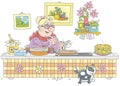Funny granny frying tasty pancakes for a festive table