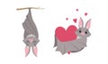 Funny Gray Bat with Cute Snout Embracing Heart and Hanging Upside Down on Tree Branch Sleeping Vector Set