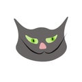 Funny gray cat cartoon head on white background. Stylized grey hand drawing kitty grin face icon, vector eps 10