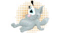 A funny gray cat in a cartoon style lies with an absurd expression on his face Royalty Free Stock Photo