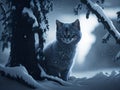 Funny gray cat sitting in the garden in the snow under a tree in winter, AI generation