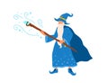 Funny gray haired wizard with witchery cane pronounce magic spell vector flat illustration. Old male magical character