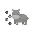 Funny gray hippopotamus and his footprints. Cartoon character of wild animal. Flat vector element for book or children Royalty Free Stock Photo