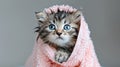 Funny gray tabby kitten with blue eyes smiles after bath, wrapped in pink towel, Ai Generated Royalty Free Stock Photo