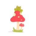 Funny green adorable frog sitting on fly agaric mushrooms, cute forest toad and toadstool