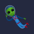 Funny green alien with big eyes wearing blue space suit flying in Space, alien positive character cartoon Illustration Royalty Free Stock Photo