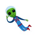 Funny green alien with big eyes wearing blue space suit flying in Space, alien positive character cartoon vector