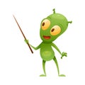 Funny Green Alien Character with Big Eyes and Small Antenna on Head Standing with Pointer Vector Illustration Royalty Free Stock Photo