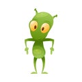 Funny Green Alien Character with Big Eyes and Small Antenna on Head Standing and Pointing Finger Down Vector Royalty Free Stock Photo