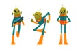 Funny Green Alien Visitor with Antenna Standing and Holding Weapon Vector Set Royalty Free Stock Photo