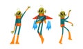 Funny Green Alien Visitor with Antenna Standing and Holding Weapon Vector Set