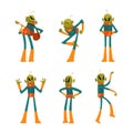 Funny green aliens in space suits set. Cute humanoid alien funny characters in different poses cartoon vector Royalty Free Stock Photo